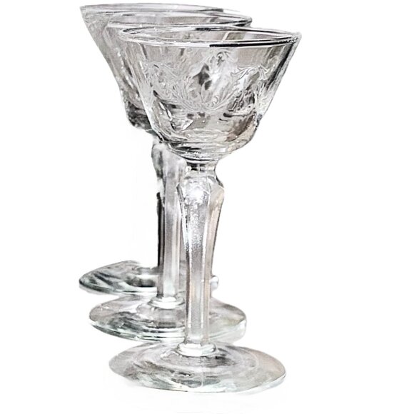 Set of 3 Etched Glass Cordial Glasses Bar Shot Glasses Elegant Vintage Drinkware - Picture 4 of 9